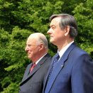King Harald and Queen Sonja carried out a State Visit to Slovenia on 9-10 May: King Harald and President Danilo Türk stand at attention while their national songs are played during the welcoming ceremony outside of Ljubljana. (Photo: Srdjan Zivulovic, Reuters / Scanpix)  
